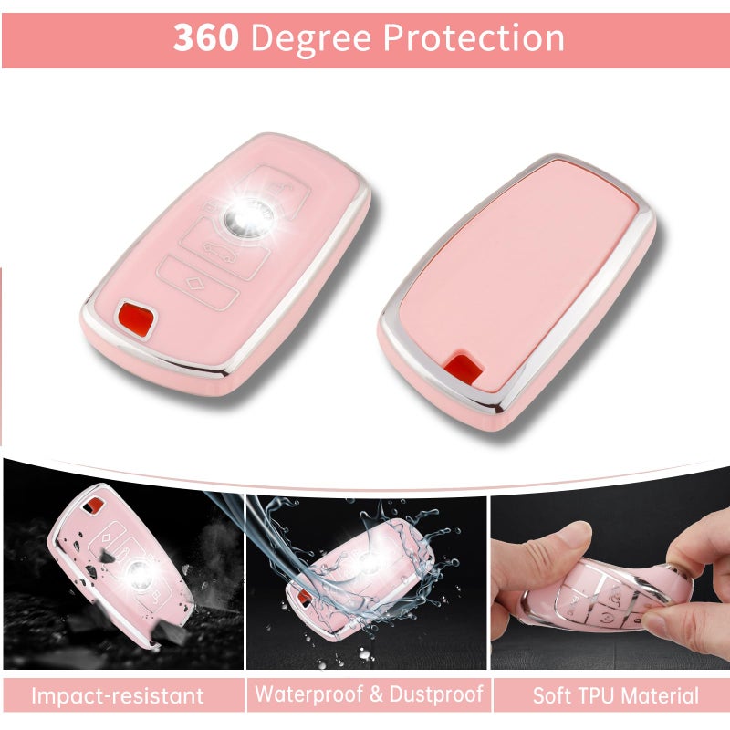 Pangpai Pink Cute Car Accessories 3 Pcs for BMW 2 5 6 7 X1 X2 X3 X5 X6 Series Key Fob Cover with Bling Keychain Push to Start Button Cover - Image 3